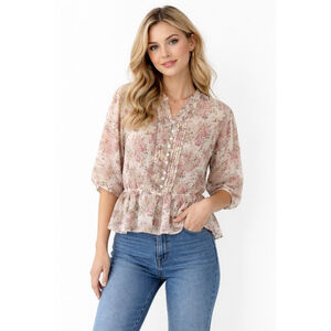 Women's APT. 9 Blouse M Beige Pink Floral Print